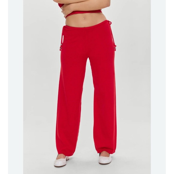 Frankie B Breeze Low Rise Cloud Knit Pants in Love Bug Red Wide Leg #EF9-8 - Picture 13 of 13